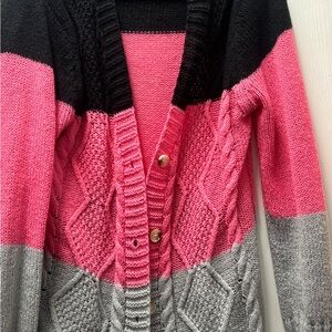 SHEIN Pink Black Gray Cable Knit Cardigan